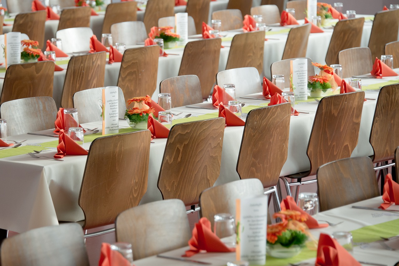 Rows of chairs and tables ready for guests